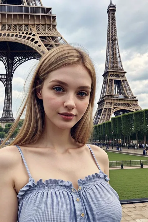 European woman, closeup, (shirt), pants, (eiffel tower), (), ZM_alicia, wide shoulders, perfect face, (contact iris: 1.1), pale skin, skin pores , depth of field