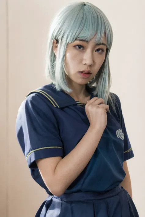 1girl, solo, small breasts, looking at viewer, realistic, photorealistic, lips. short hair, bangs,sky blue hair, cinematic lighting, highly detailed, sharp focus, professional photoshoot, 8k, DOF, (in studio, white background), <lora:Carman_Yan:1> ,<lora...