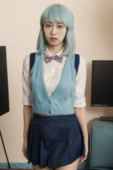 1girl, solo, small breasts, looking at viewer, realistic, photorealistic, lips. short hair, bangs,sky blue hair, cinematic lighting, highly detailed, sharp focus, professional photoshoot, 8k, DOF,  (in studio, white background),  <lora:Carman_Yan:1> ,<lora...