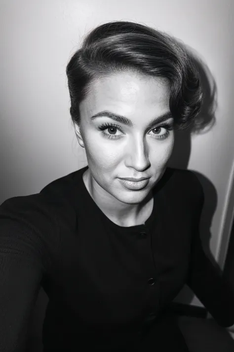 tori-k, monochrome, portrait, 1950s hairdo, dutch angle, formal hairstyle, glamour, headshot, black and white, (looking at viewer), <happy512>:0.3, <likenesshelpbyshurik3>:0.7