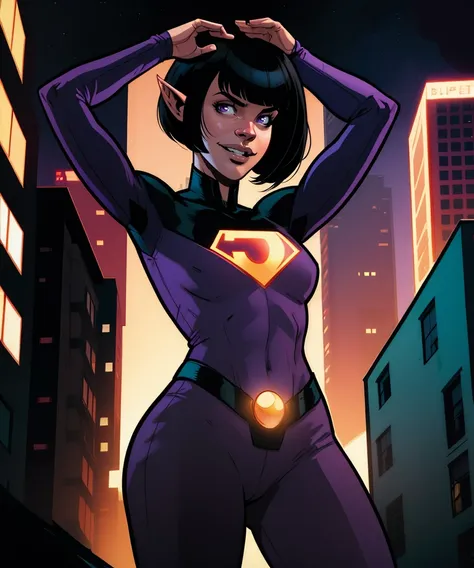 jayna,black hair,blunt bangs,lips,purple eyes,pointy ears,bob cut,
purple bodysuit,fingerless gloves,belt,looking at viewer,
light smile,cowboy shot,from below,arms up,   
cityscape,night,
(insanely detailed, masterpiece,  best quality),solo,<lora:jaynaWT:...