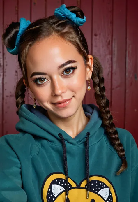 Maya, wearing hoodie, smile, eyeliner, eye shadow, makeup, pigtails, 8k, very detailed