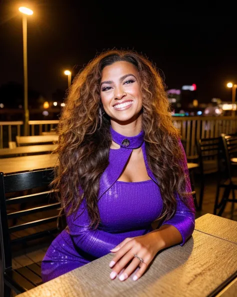 professional photograph of tori-k ,lips parted, sharp focus, skin details, wearing purple high-collar ball gown, (long curly hair:1.1), sitting at an outdoor cafe, hands over head, smile:0.7, slender, cinematic, shallow depth of field, dawn, sunny, shadows