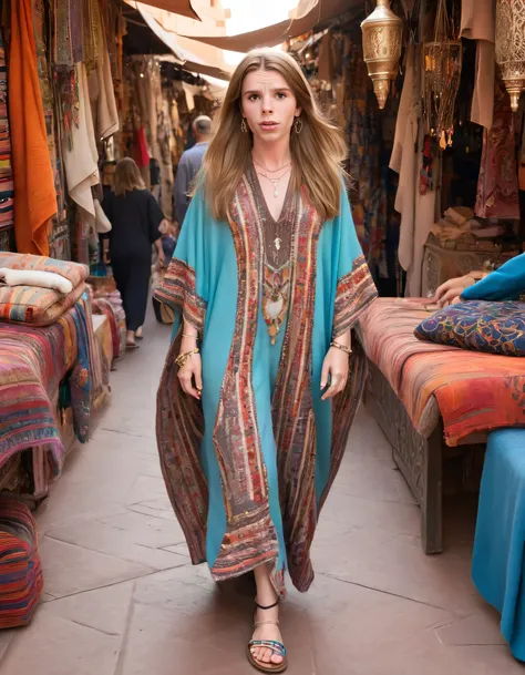 Billie Rae Brandt, wearing a striking Berber-patterned kaftan and beaded sandals, effortlessly navigates the lively Marrakech souks, her jewelry glistening with Moroccan craftsmanship as she admires the vivid textiles atop the stalls, exuding an undeniable...