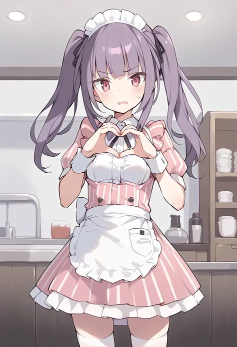 score_9, score_8_up, score_7_up, source_anime BREAK
ichijou ayaka, cream-butter uniform, 1girl, solo, purple hair, white legwear, twintails, maid headdress, wrist cuffs, eyebrows visible through hair, frills, white apron, puffy short sleeves, parted lips, ...