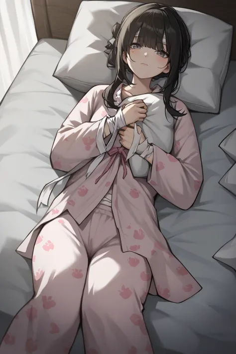 score_9,score_8_up,score_7_up,score_6_up,score_5_up,score_4_up,bedroom,pink print_pajamas,
 <lora:mansui_pony:0.75>,mansui,1girl,solo,black hair,closed mouth,grey eyes,bandages,long hair,bangs,mole under eye,on back,bed,holding_pillow,