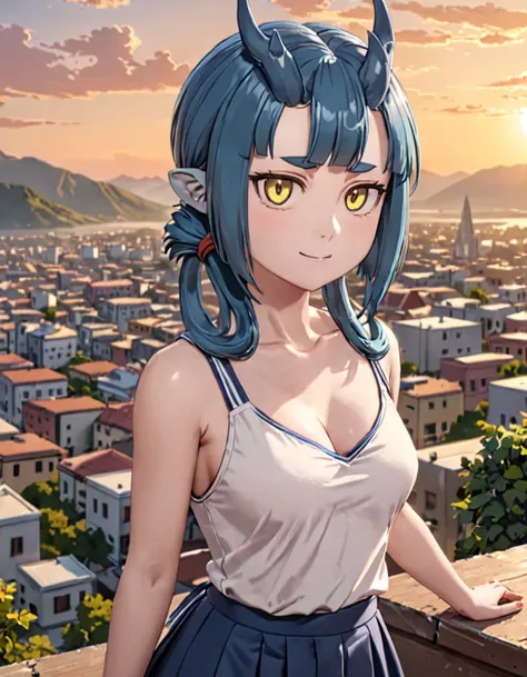 frzlv,highly detailed, intricate texture, cinematic lighting, vibrant colors, a girl with blue hair and horns,(full body:1.5), (looking at viewer:1.7), (realistic:1.7),big breasts,masterpiece,yellow eyes,best quality, 8k, detailed skin texture, beautiful d...