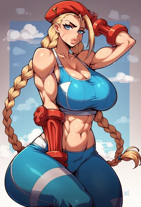 1girl, female, very long hair, braids, huge breasts, very wide hips, thick thighs, gigantic ass, Cammy White, tight clothes, blue sports bra, yoga pants, lips, muscular BREAK score_9, score_8_up, score_7_up, score_6_up, source_cartoon, rating_safe  <lora:s...