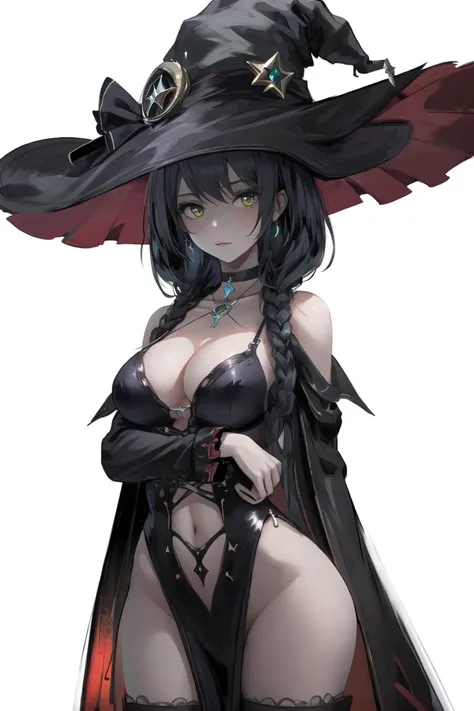 (masterpiece),best quality,cowboy_shot,medium_shot,thighs,looking at viewer,Look directly,1girl,breasts,black choker,upper body,large breasts,multicolored hair,cleavage,swimsuit,witch hat,dress,