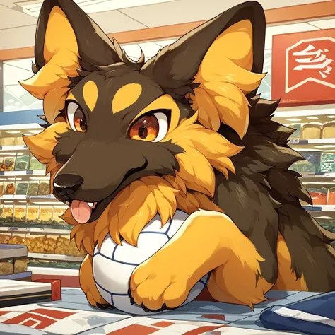 anthro, solo, feral, canid, German_sheperd, playing the ball, brown fur, orange fur, big dog ears, backyard of the store, score_9_up, score_8_up, score_7_up, source_anime