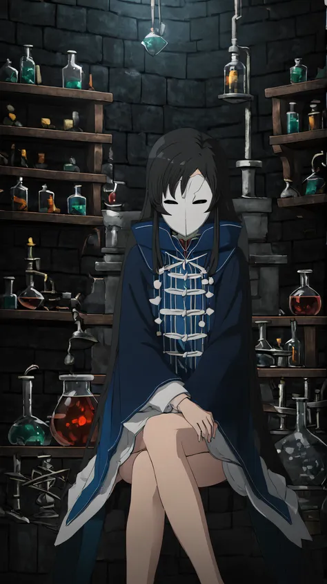 <lora:NanahoshiMask:1> NanahoshiMask, sitting in a dark dungeon, sick potions and science experiments in the background, sinister photography