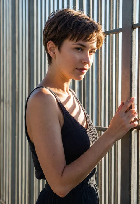 A woman with short hair is touching a metal fence and looking away thoughtfully, with the light casting shadows on her face, highlighting her serene expression.