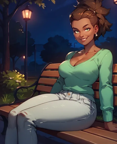 score_9,score_8_up,score_7_up,score_6_up,
Amberxl,brown hair,green eyes,ponytail,
earrings,multicolored sweater,jeans,cleavage,
sitting,bench,  smile,  dark skin, 
looking at viewer,
outdoors,park,night,
bedroom,<lora:Amber:0.9>,