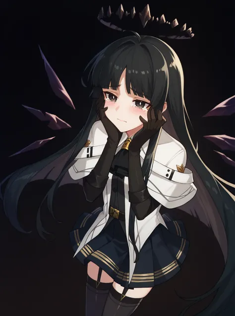 score_9, score_8_up, <lora:virtuosa-arknights_pxl:1>, virtuosa-arknights, 1girl, solo, black hair, black thighhighs, black gloves, crying with eyes open, black skirt, white shirt, very long hair, mole under eye, elbow gloves, multicolored hair, garter stra...