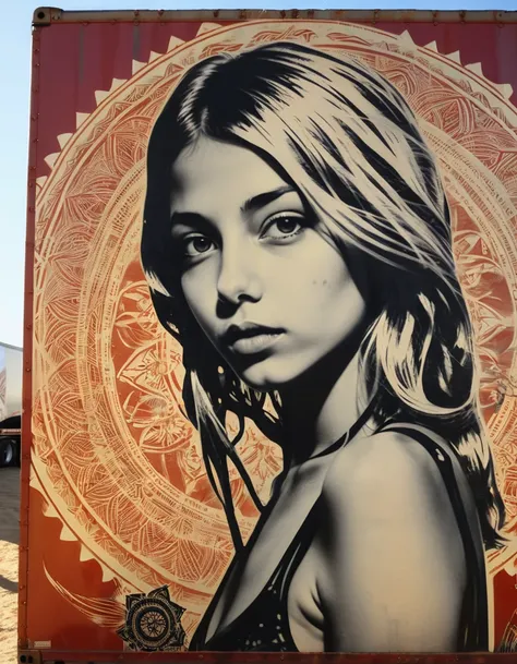 an underexposed creation by Shepard Fairey of a young lady looking like alinaxl3 next to a bohemian trailer