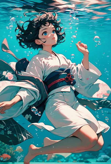 score_9, score_8_up, score_7_up, 1girl, solo, short hair, blue eyes, black hair, long sleeves, japanese clothes, barefoot, kimono, sash, obi, bubble, white kimono, underwater, air bubble, submerged, ryougi shiki