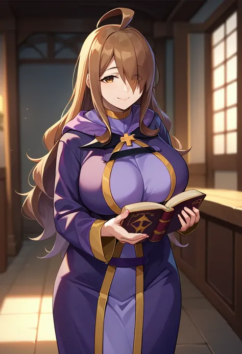 score_9, score_8_up, score_7_up, source_anime, solo, 1girl, kswiz, smile, looking at viewer, standing, holding book, ahoge, hair over one eye, purple robe, long sleeves, large breasts, indoors <lora:konosuba_wiz_ponyXL:1>