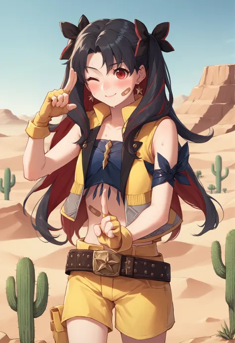 1girl, long hair, multicolored hair, twintails, two-tone hair, black hair, red hair, hair bow, two side up, red eyes, earrings,  bandaid, yellow vest, yellow shorts, fingerless gloves, belt, jewelry, bandages, cowboy shot, outdoors, desert, cactus, wink, f...