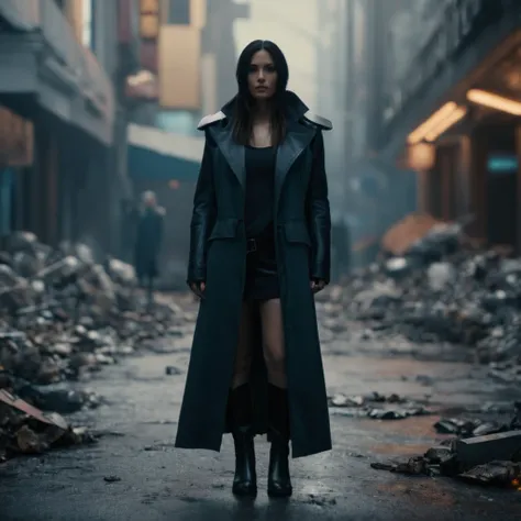 cinematic film still of  <lora:perfection style:0.1>
 <lora:detailed:0.1>
 <lora:Chiaroscuro Lighting Style:0.3>
 <lora:cyberpunk style v2:0.8>
 <lora:Cyberpunk Style:0.1>
In Cyberpunk city a woman in a long coat and boots standing in front of a bunch of d...