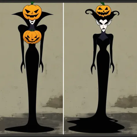 black dress, breasts, full body, long dress, parody, jack-o-lantern, tentacle hair, black lips, letterboxed, pointy ears