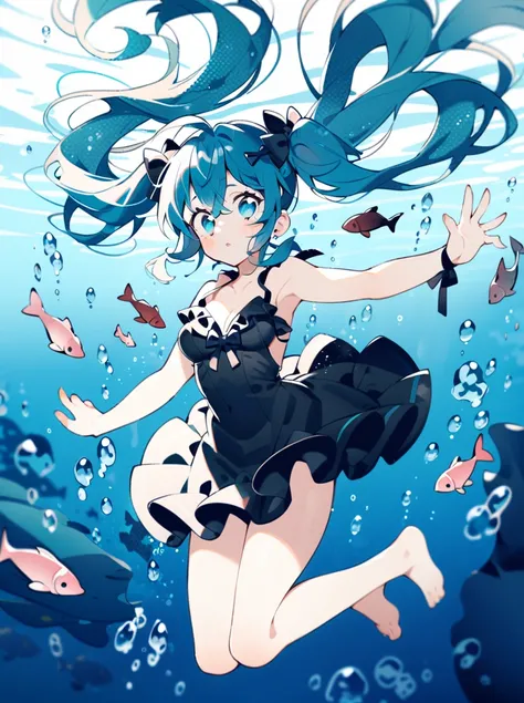 masterpiece, best quality, <lora:style28-xl-a3.1:1>,1girl, solo, dress, long hair, underwater, hatsune miku, twintails, blue eyes, black dress, blue hair, bubble, breasts, air bubble, barefoot, very long hair, parted lips, cleavage, bangs, looking at viewe...