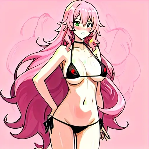 pink hair, mild blush, long hair, bikini