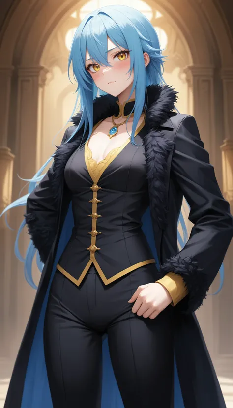 (masterpiece, best quality, very aesthetic, ultra detailed), intricate details,
1other, rimuru tempest, tensei shitara slime datta ken, blue hair, yellow eyes, humanization, blush, black coat, black vest, black pants, open coat, black fur collar,