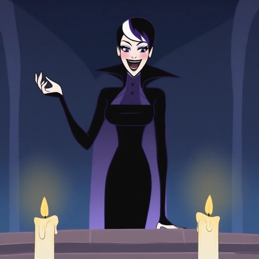 two-tone hair, black lips, smile, black hair, candle, blush, dress, black bodysuit, open mouth, purple eyes