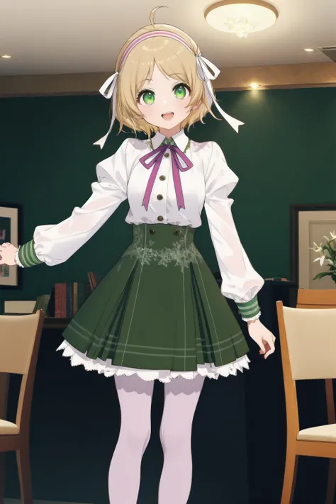 masterpiece, best quality,  <lora:miiko:0.8>lyrical lily, 1girl, solo, green eyes, blonde hair, green skirt, ahoge, white shirt, looking at viewer,pink pantyhose,  short hair, standing,hairband, hair ribbon, mary janes, bangs,braid,juliet sleeves, neck rib...