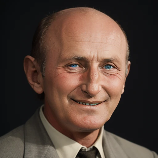 1boy, man, solo,( bourvil:1.2), looking at the viewer, focus on face, portrait, old, bald, smiling, teeth, simple background, formal, <lora:Bourvil:1>