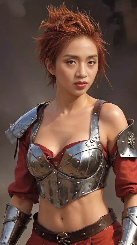 <lora:Mui:1>, High resolution ultra-realistic of beautiful Warrior Princess, A Warrior Princess clad in a iron armor, red mini skirt, standing on a bloody and stormy battlefield in a fighting pose, bloody massacre, fire, wavy red hair, realistic brown eyes...