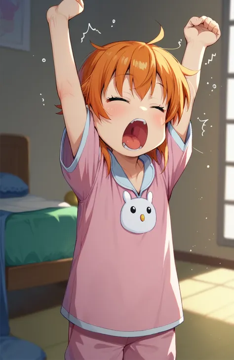 score_9, score_8_up, score_7_up, <lora:SatsukiItsukaStylebyRR:1>, satsukiitsukastylebyrr, satsukiitsuka,
1girl, solo, stretching, pajama, yawn,
dynamic shot, indoors, bedroom,