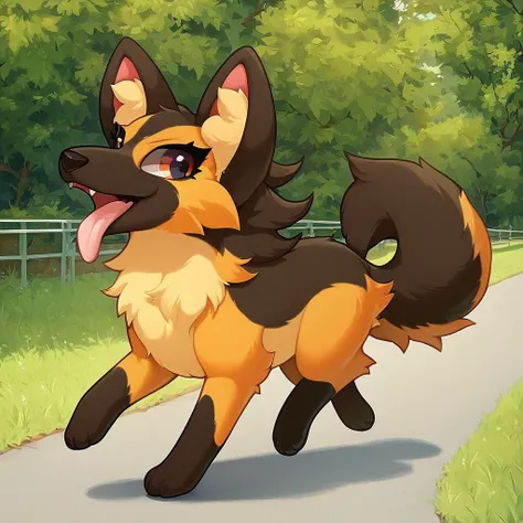 anthro, solo, feral, female, canid, German_sheperd, looking back, walking, brown fur, orange fur, big dog ears, tongue out, riverside, BREAK score_9, score_8_up, score_7_up, score_6_up, score_5_up, score_4_up,rating_explicit