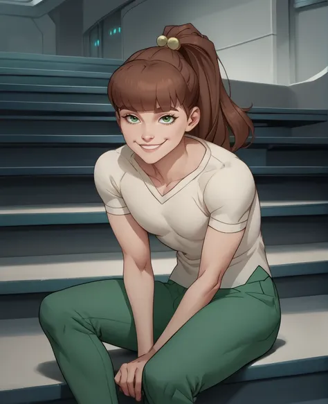 score_9,score_8_up,score_7_up,score_6_up,
amandaxl,ponytail,brown hair,bangs,hair bobbles,green eyes,short sleeves,
tucked out white shirt,green pants,smile,looking at viewer,
 stairs,  sitting, 
base,science fiction,
<lora:MonsterGirlA:0.9>,solo,