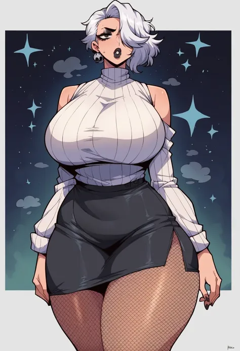 1girl, female, huge breasts, wide hips, thick thighs, lips, night background, white hair, shoulder length hair, goth, black and white stripe sweater, black skirt, fishnets BREAK score_9, score_8_up, score_7_up, score_6_up, source_cartoon, rating_safe  <lor...