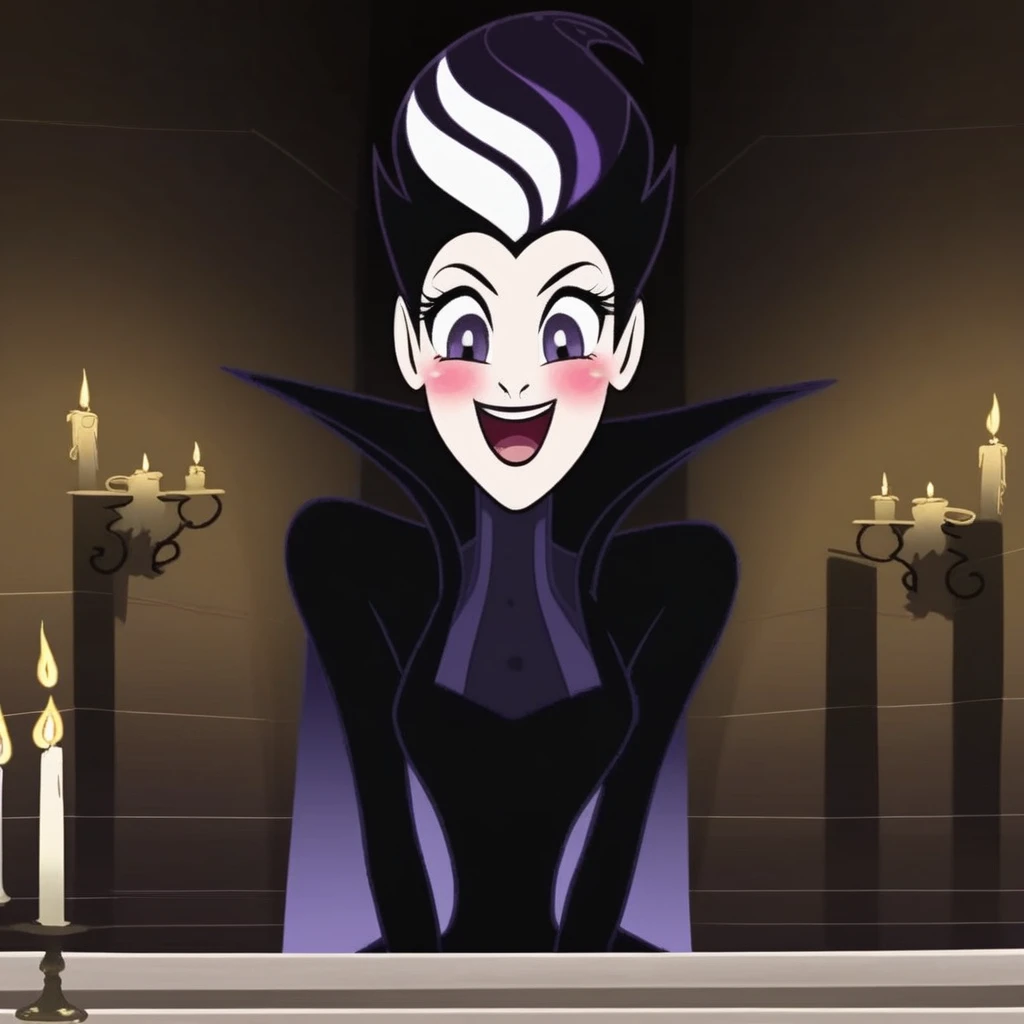 two-tone hair, black lips, smile, black hair, candle, blush, dress, black bodysuit, open mouth, purple eyes