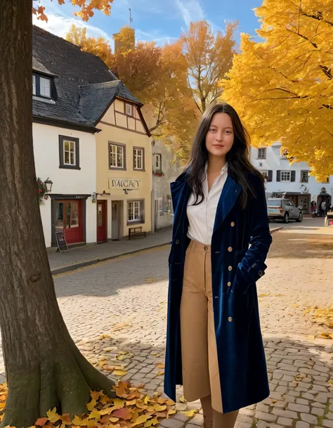 In a picturesque European village square during a golden autumn afternoon, as leaves fall softly around the lone woman named Dagny dressed in her midnight blue velvet trench coat and embroidered pocket square, she stands smiling with parted lips and brown ...