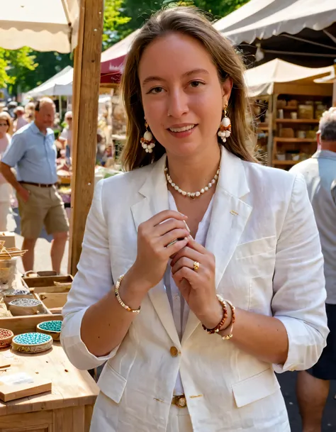 Amidst the busy street fair on a sunny summer afternoon, Dagny, an elegant woman clad in her white linen suit with pearl earrings and a delicate gold watch, stood confidently amid artisan stalls, holding an intricately designed wooden beaded bracelet from ...