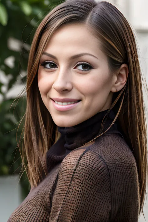 portrait photo of a woman gulcan2 from turkey, smiling, brown hair,, fancy turtleneck, perfect face, conservative cloth, sfw