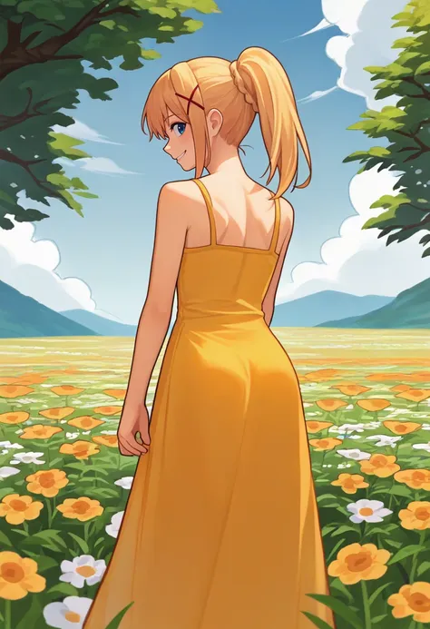 score_9, score_8_up, score_7_up, source_anime, from behind, solo, 1girl, ksdarkness, smile, looking back, braid, ponytail, x hair ornament, yellow sundress, outdoors, flower field <lora:konosuba_darkness_ponyXL:1>