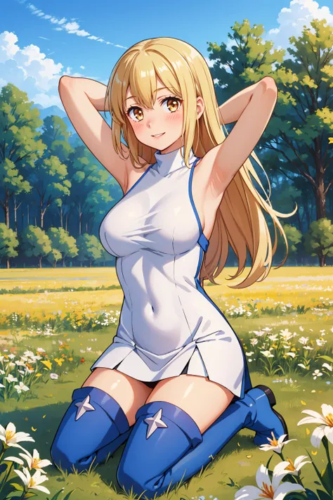 masterpiece, best quality, 1girl, <lora:aiswallenstein-nvwls-v1-000009:0.9> ais wallenstein, turtleneck, white dress, sleeveless, short dress, thigh boots, large breasts, seiza, arms behind head, field, blush, looking at viewer, smile