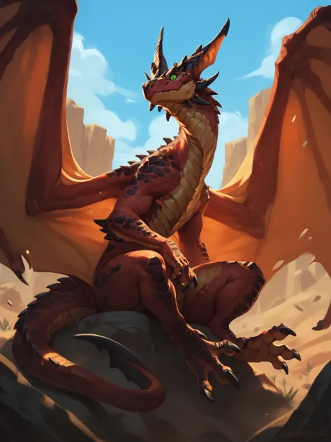 red dragon, green eyes, wings, tail, sitting on a rock, desert, sky, nature, no humans, solo, <lora:HearthstoneXL:0.8>, score_9, score_8_up, score_7_up, score_6_up