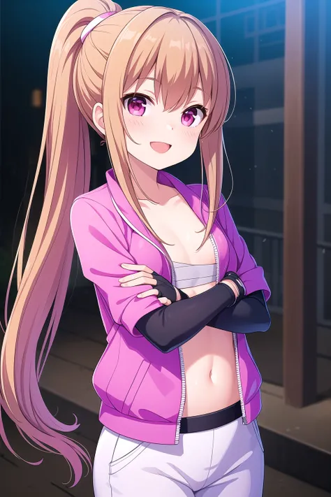 (masterpiece, best quality), highly detailed background, perfect lightingbest quality, asahinamomoko, solo, outdoors, city, light brown hair, ponytail, hair between eyes, very long hair, pink eyes, small breasts, purple jacket, open jacket, bandages, chest...