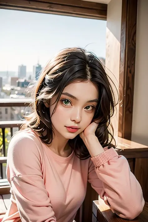 18 year old woman with dirty long brown hair, wearing trendy casual cloths, pink lips, posing in her balcony, dirty brown hair, green eyes, realistic photography