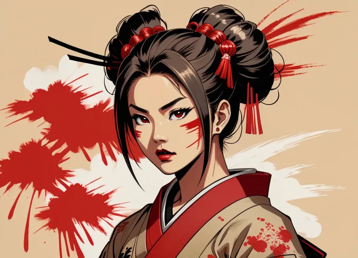 art, An ink painting depicts a young woman with a determined expression, adorned in a traditional kimono. Her face is marked with red splatters, possibly symbolizing blood or paint. Behind her, theres a large red brushstroke, and the background is a blend ...