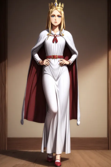 (masterpiece, best quality), <lora:historia reiss-lora-Faxtron:0.8> historia reiss, long hair, medium breasts, white dress, red cape, fur trim, crown, shoes,
<lora:add_detail:0.8>