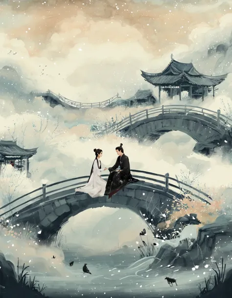 concept art ink wash painting of romantic Qixi Festival a chinese man in hanfu . love story of Weaver Girl and Cowherd, magpie bridge, and starry reunions . monochromatic, loose, fluid, expressive, delicate,colorful . digital artwork, illustrative, painter...