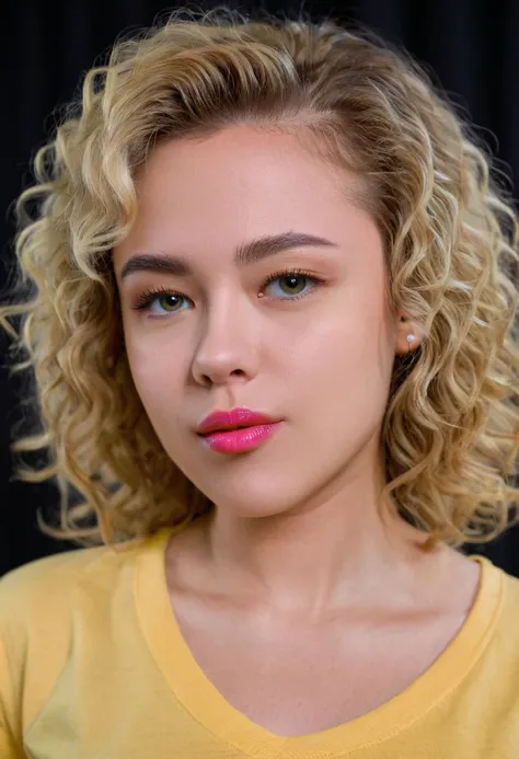 Dzhili cute, pink lipstick, blonde curly hair, yellow v neck tshirt, black background
