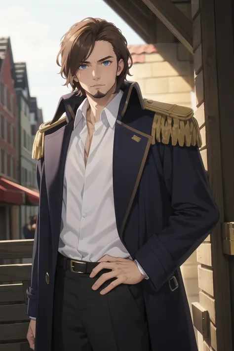 solo male, Graf Granat (Frieren: Beyond Journeys End), brown hair, hair parted to one side, facial hair, stubble, blue eyes, sanpaku, white collared shirt, exposed shirt, black pants, matching boots. dark blue coat, open coat, (coat over shoulders), gold e...