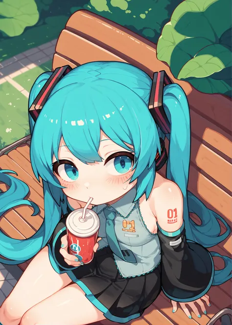 score_9, score_8_up, score_7_up, score_6_up, a girl sitting in a park bench, hatsune miku, detached sleeves, black skirt, from above, dutch angle, drinking, blush, <lora:kotoba_kun_style_pony6_v1-000022:.9>